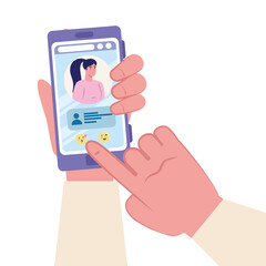 Hand holding smartphone with woman and chatting bubble design, Message chat and communication theme Vector illustration