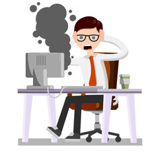 Frightened office worker shouts and holds head looking at monitor. broken computer is Smoking. Virus and bug. problem with technique. Stress and man. Flat cartoon