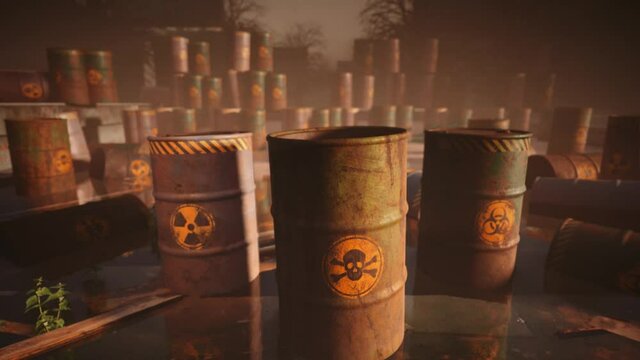 Rusted barrels containing radioactive materials, toxic, chemical and biohazard waste. Abandoned illegal toxic waste dump. Dystopian sunset scene. High quality 4k cinematic footage.