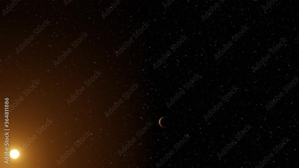 Wall mural the camera descends approaching to the surface of an unknown science fiction planet in reddish tone 