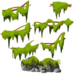 Set of branches with moss and green grass. Marsh plant. Part of the scenery of the jungle. swamp Stones with mold. bog vine of trees. Cartoon flat illustration