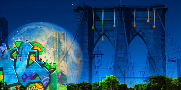 Surreal digital art. Brooklyn bridge on New York's cityscape. Giant moon, pieces of graffiti and paint drops. 3D rendering © rolffimages