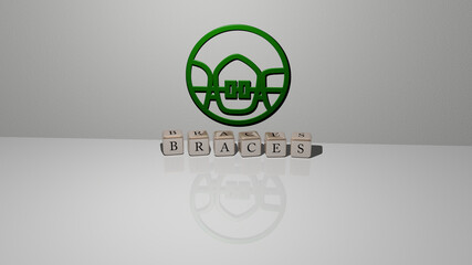 3D graphical image of BRACES vertically along with text built by metallic cubic letters from the top perspective, excellent for the concept presentation and slideshows. dental and background