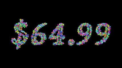 $64.: 3D illustration of the text made of small objects over a black background with shadows