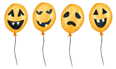 Watercolor creepy Halloween balloons with scary faces, for party Isolated illustration on white background. Happy orange holiday air flying balloon