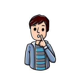 Obraz premium Confused man. Doubts and gesture finger at hands. Hand-drawn embarrassed young character. Boy in shirt. Guy and question. Emotions of hesitation, suspicion and mistrust