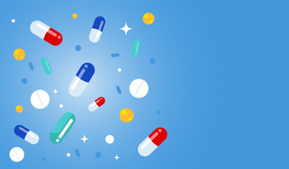 Falling medical pills. Various pills, drugs, capsules hover on a blue background. Vector illustration with copy space.