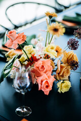 Beautiful wedding table decoration. Wedding flowers.