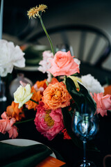 Beautiful wedding table decoration. Wedding flowers.