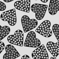 Watercolor black-white seamless pattern with hearts with dots. Polka-dot. Holiday/Valentine's day mood. Design for fabric, wallpaper, baby room, print, wrapping paper