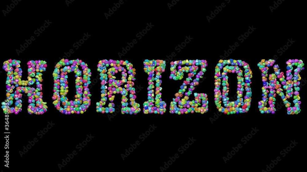 Poster horizon: 3d illustration of the text made of small objects over a black background with shadows. blu