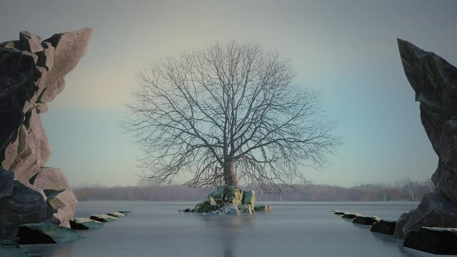 SIngle leafless dead tree on a small island the middle of the frozen lake. Fantasy, symbolic scene. Cinematic 3D animation. High quality 4k footage.
