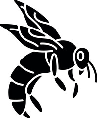 Bee black glyph icon. Small flying insect with sting. Beekeeping, apiculture silhouette symbol on white space. Honeybee, flower pollinating bug. Wasp, hornet, bumblebee vector isolated illustration