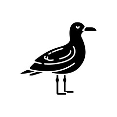 Seagull black glyph icon. Common seabird, ordinary flying animal. Beaches and coastlines inhabitant. Zoology, ornithology silhouette symbol on white space. Sea mew, gull vector isolated illustration