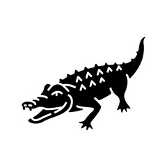 Alligator black glyph icon. Exotic wildlife, dangerous carnivore animal, aquatic predator. Zoo inhabitant silhouette symbol on white space. Large reptile, crocodile vector isolated illustration