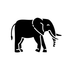 Elephant black glyph icon. Large land animal, exotic wildlife. African savanna, Indian fauna silhouette symbol on white space. Huge mammal with long trunk and tusks vector isolated illustration