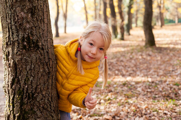 Portrait of child positive 5-6 year old girl in yellow jacket looks out from behind tree and shows thumbs up on walk in the park on sunny autumn day Kids outdoors, hiking with his family in fall
