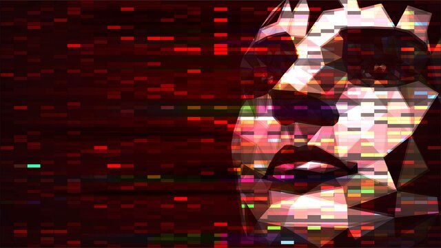 Human Face On Red Digital Screen With Pixels And Glitch Effect