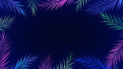Dark background with frame of palm branches neon flowers, tropical party style