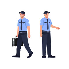 Police officer semi flat RGB color vector illustration set. Security guard carry briefcase with cash. Patrol man. Cop in blue uniform isolated cartoon character on white background collection