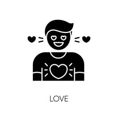 Love black glyph icon. Feeling of strong affection, emotional attachment, passion. Romantic relationship, Valentine day silhouette symbol on white space. Person in love vector isolated illustration