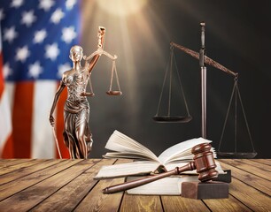 Justice Scales and books and wooden gavel on table. Justice concept