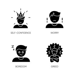 Negative feelings and bad traits black glyph icons set on white space. Human emotions, personal feelings silhouette symbols. Self confidence, worry, boredom and greed. Vector isolated illustration
