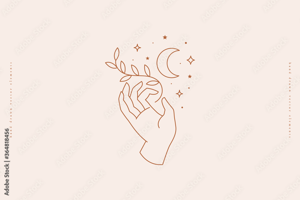 Poster Hand keeps a branch with sheets on the background of crescent and stars. Trendy linear magic symbol on light background. Vector illustration for organic cosmetics and packaging for handmade products.