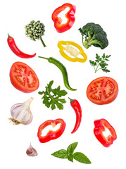 pepper, garlic, parsley, arugula, tomato, broccoli, basil, hot pepper, onion isolated on white background