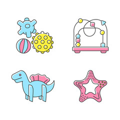 Children sensory toys RGB color icons set. Textured balls and bead maze. Fine and gross motor skills. Early childhood development. Kids amusement ideas. Isolated vector illustrations