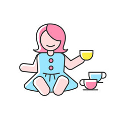 Pretend kitchenware RGB color icon. Baby doll with tea set. Toys for playing pretend game with children. Social skills development. Girls activity ideas. Isolated vector illustration