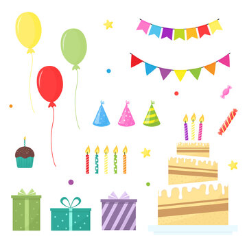 Set of birthday party elements including cake, candles, balloons, gifts, candy, hats, cupcake. Isolated on white. Vector illustration in flat style