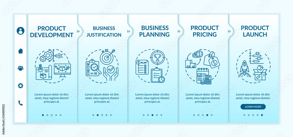 Poster product development onboarding vector template. business justification. pricing for sales. responsiv