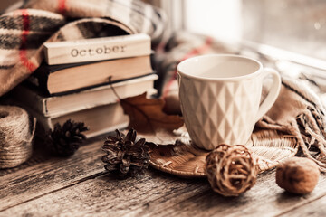 Details of still life on window. Book with scarf and cup of tea on wood background. Autumn mood.