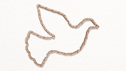 bird on the wall. 3D illustration of metallic sculpture over a white background with mild texture. animal and beautiful