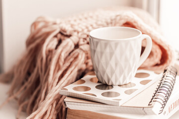 Details of still life on window. Beautiful pink mug of tea with notebook and knitted scarf. Pink mood.