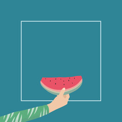 hand holding a slice of tropical watermelon slice. Summer background.