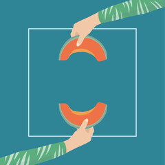 hand holding a slice of tropical melon slice. Summer background.