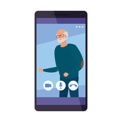 Grandfather in smartphone in video chat design, Call online conference and webcam theme Vector illustration