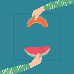 hand holding a slice of tropical watermelon and melon slice. Summer background.