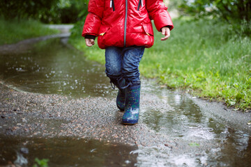 a boy in a red jacket and blue boots is walking along an asphalt path among puddles, dripping rain, in the background is green grass.
lmage with selective focus