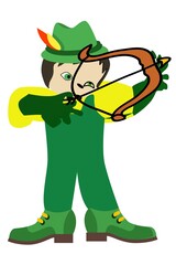 cartoon boy in green costume with feathers in hat aiming with archer