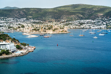 Fototapeta premium Bodrum marina, famous, historical Bodrum Castle and city general view. Mugla TURKEY
