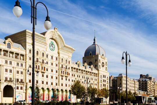 BAKU, AZERBAIJAN - NOVEMBER 14, 2016: View of Fuzuli street and Qis park in Baku, the capital of Azerbaijan
