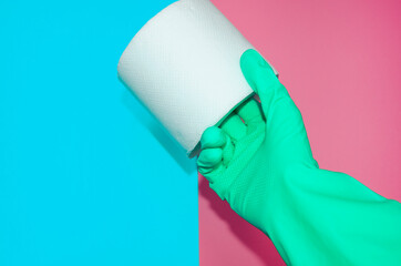 Advertise banner with hygiene stuff and body care products for everyday. Hand in protective glove holds toilet paper. 