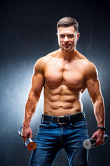 Fototapeta na wymiar Athlete man stands with barbells against grey background. Perfect abs.