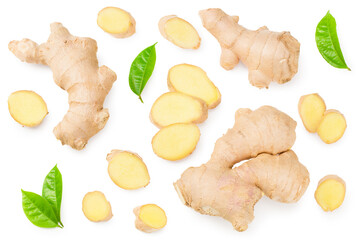 ginger roots with slices and green leaves isolated on white background. Top view