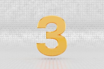 Yellow 3d number 3. Glossy yellow metallic number on metal floor background. Shiny gold metal alphabet with studio light reflections. 3d rendered font character.