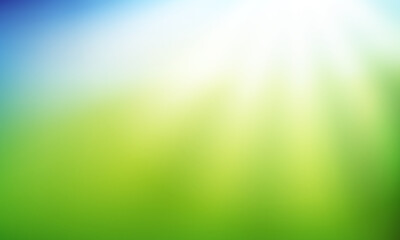 Nature blurred background with bright sun rays. Abstract green and blue gradient backdrop. Ecology concept for your graphic design, banner or poster. Vector illustration