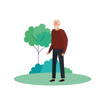 Grandfather at park with tree design, Old man male person father grandparents family senior and people theme Vector illustration